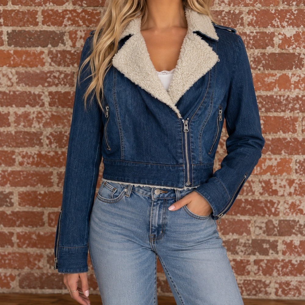 Y2K Denim Jacket Sherpa Lined Moto Crop L Boho Western Fall Indie Sleaze